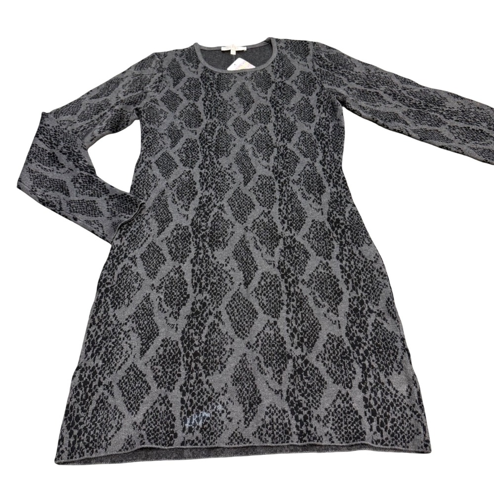 WAYF Womens Gray Black Snakeskin Knit Long Sleeve Crew Neck Mini Dress Large NEW
